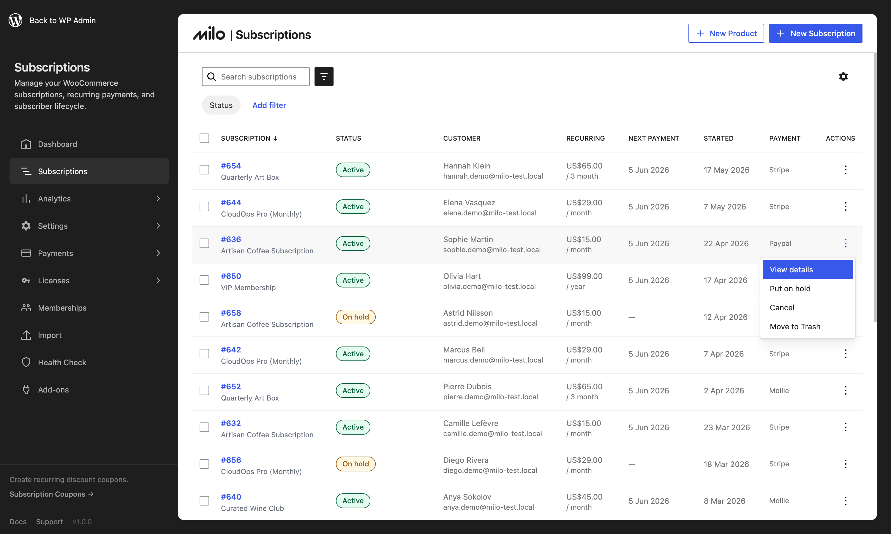 Sortable, filterable subscriptions list powered by DataViews.