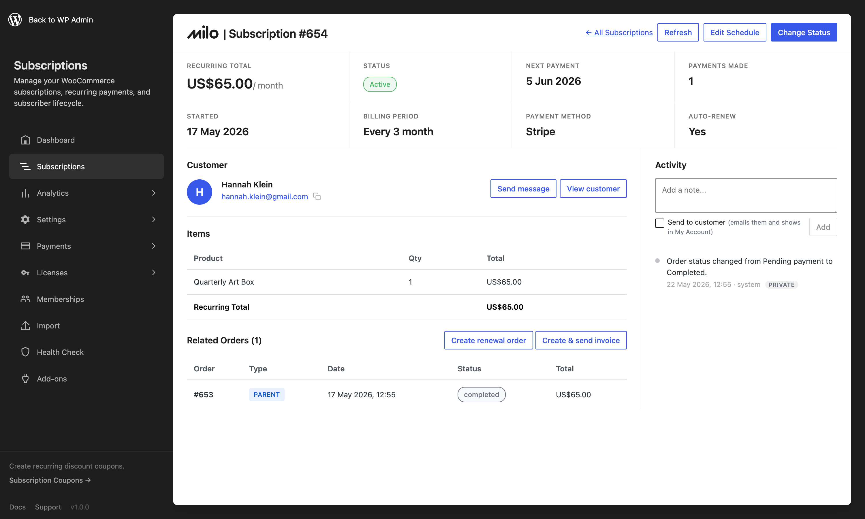 Subscription detail view with order history, customer info, and payment method.