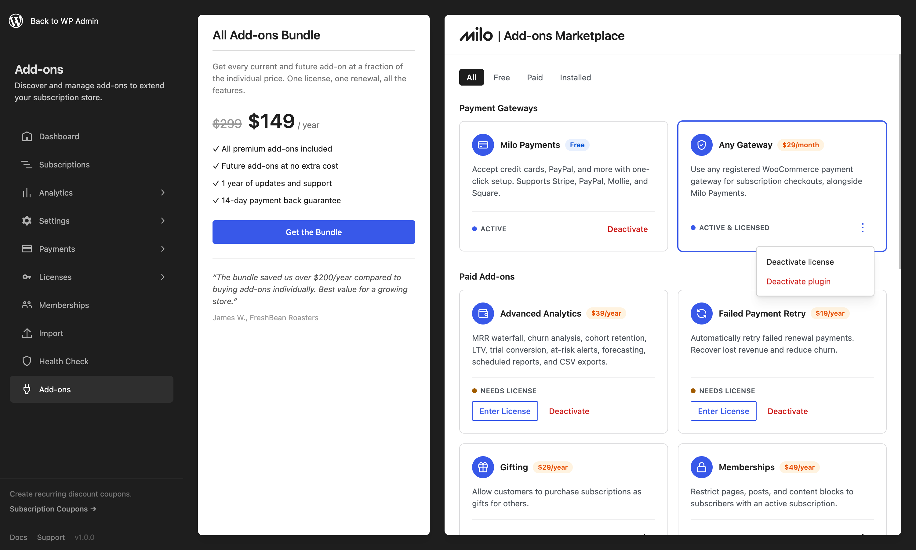 Browse and install premium add-ons from inside the WordPress admin.