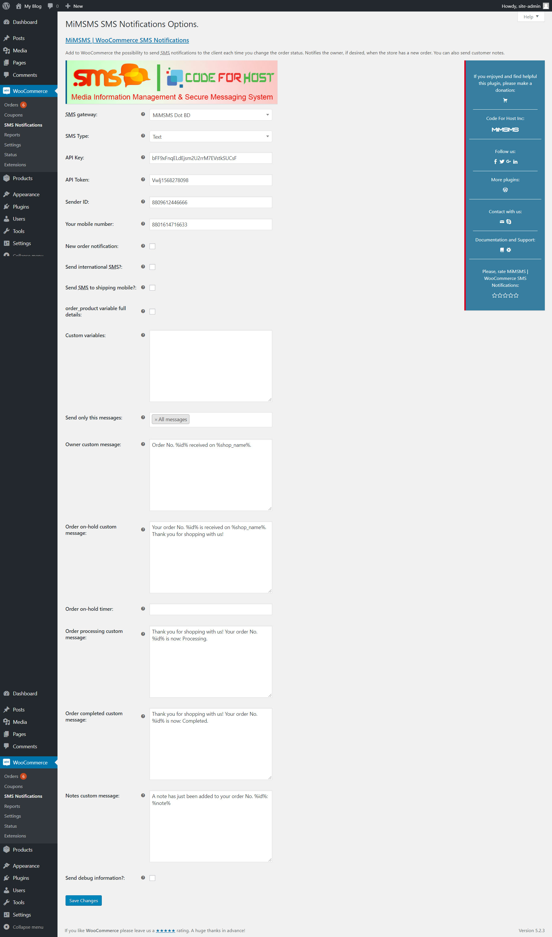 Screenshot of MiMSMS SMS Notifications for WooCommerce.