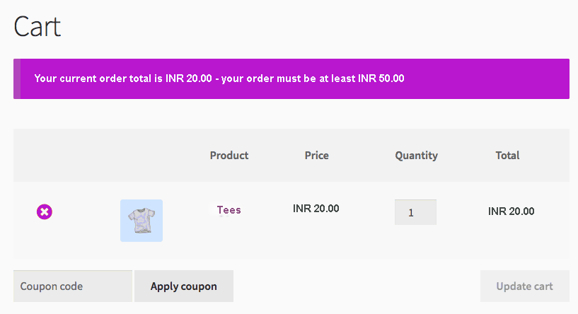Notice example when the cart does not meet the minimum order amount.