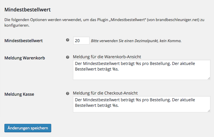 Screenshot showing the settings section for “Minimum Order Value” (here in the provided German translation).