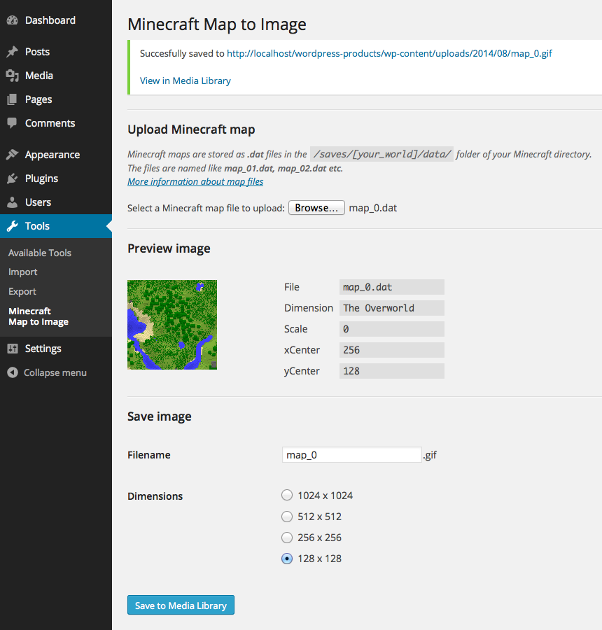 Saving a converted map in the Minecraft Map to Image plugin dashboard