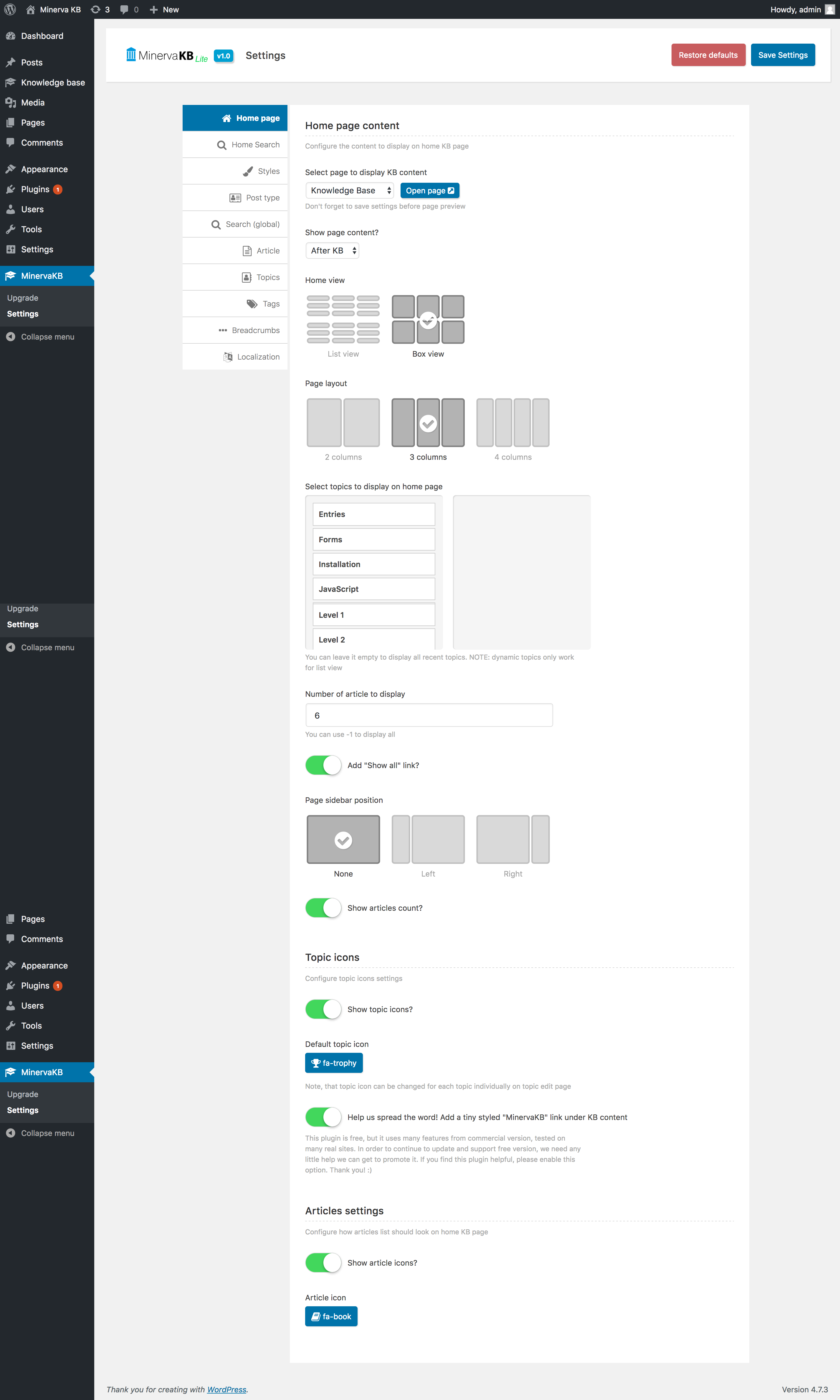 Knowledge base options panel.