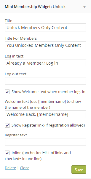 Mini Membership Sidebar Widget backend Settings