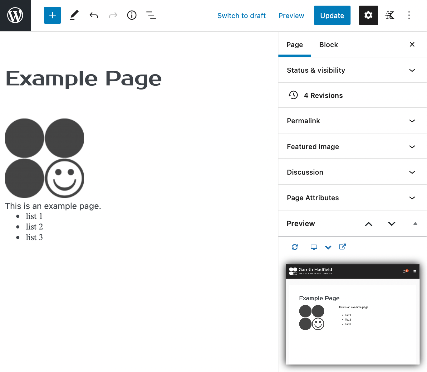 Mini Preview in the WordPress Page menu while editing a page.