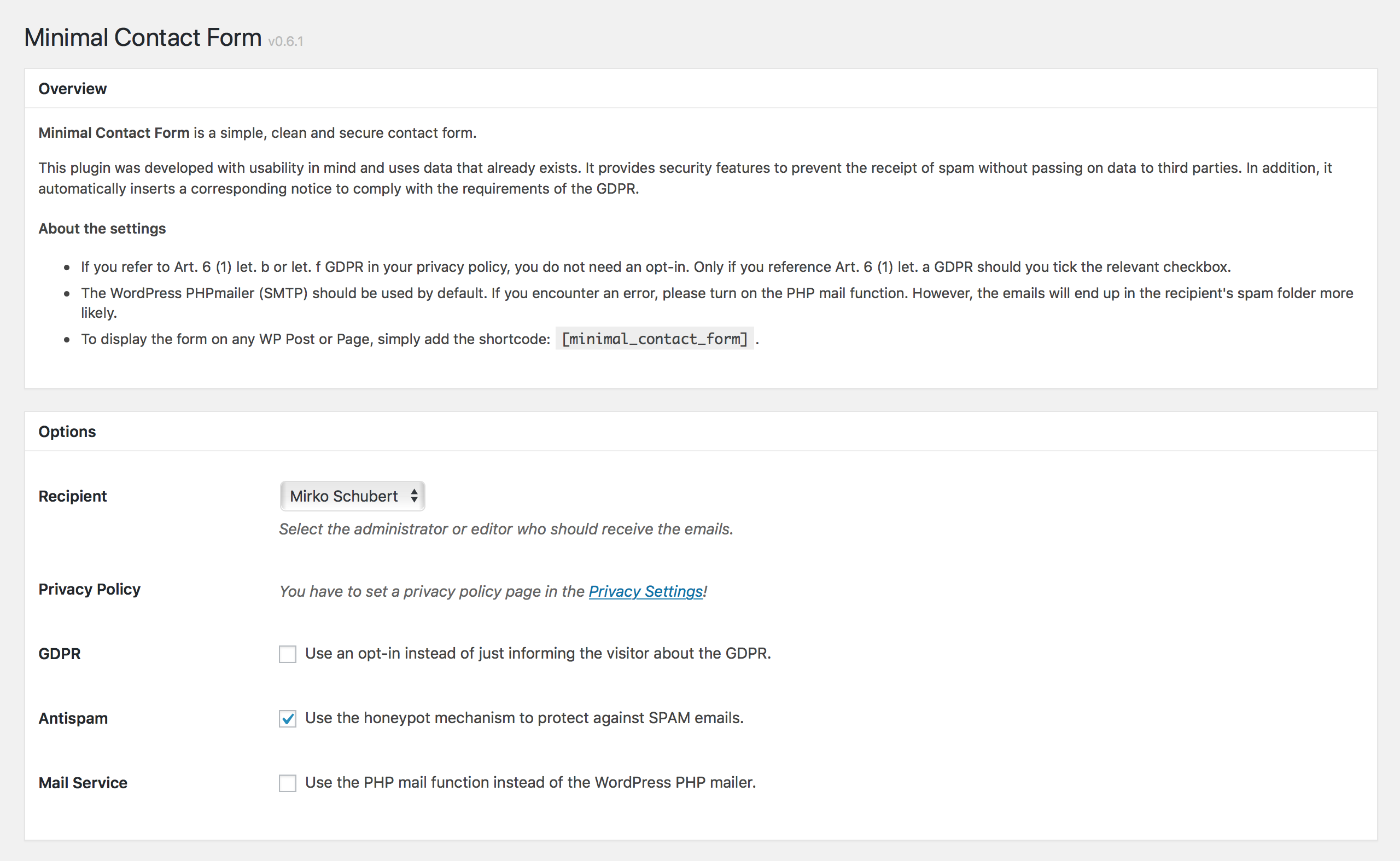 Minimal Contact Form Settings