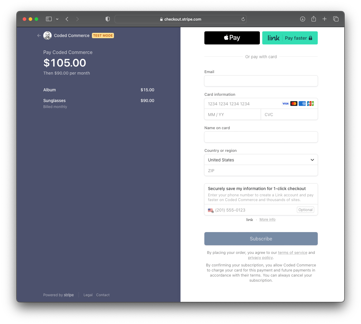 Sample Stripe Checkout with a subscription and mixed cart