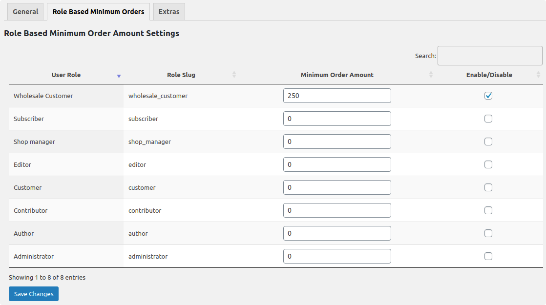 Setting To Set The Role Based Minimum order Amounts.