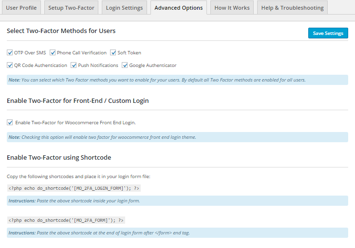 Advance plugin settings (2FA/OTP)