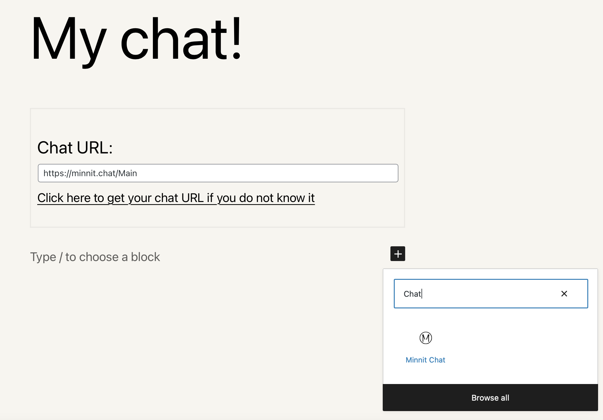 Adding a chatroom to a single post is a breeze. Simply add the "Minnit Chat" block, enter your chat URL, and you're all set.