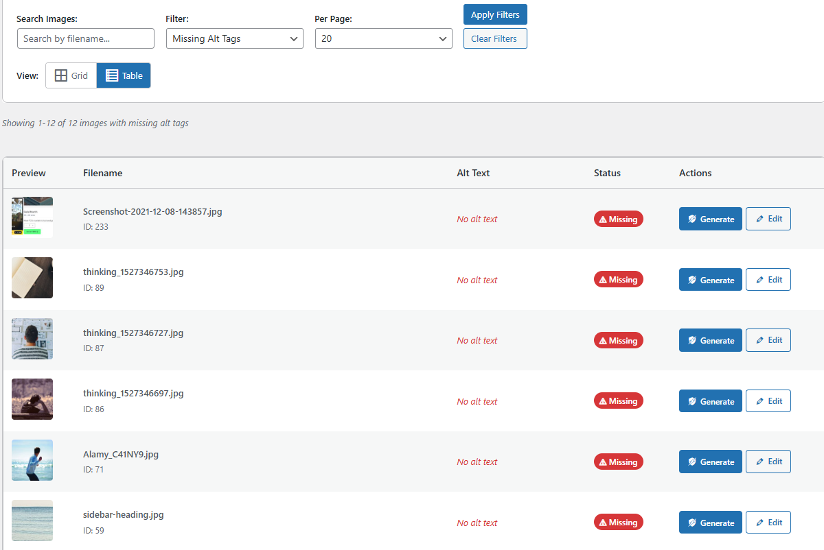 **Filter & Search** - Quickly find images missing alt text