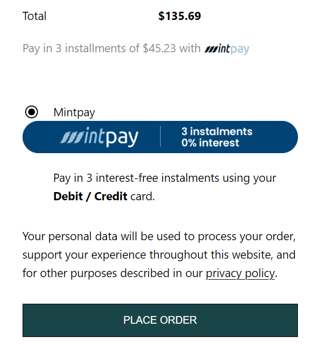 Mintpay payment gateway in Woocommerce checkout page