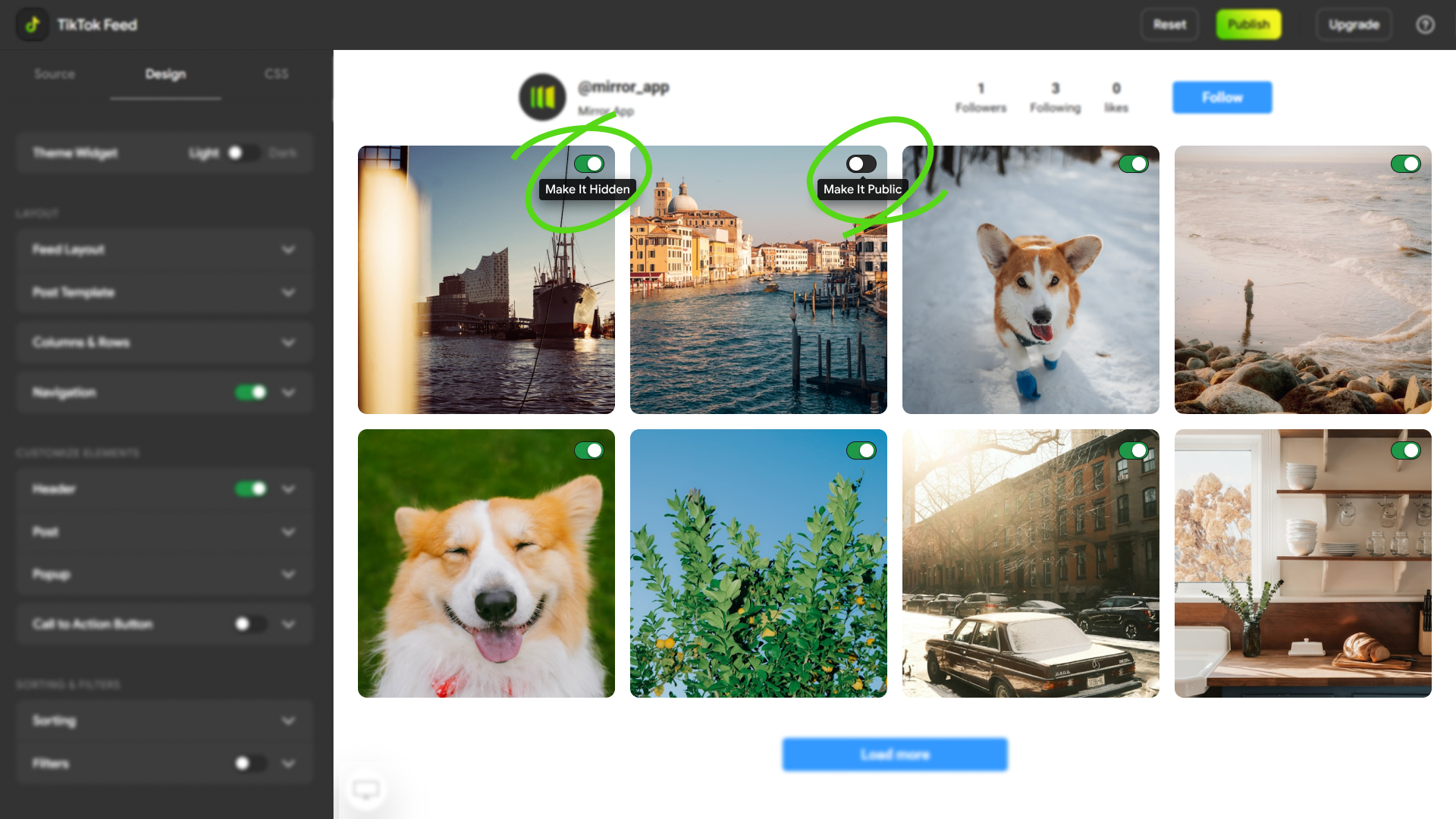 Mirror App dashboard – connecting a TikTok account