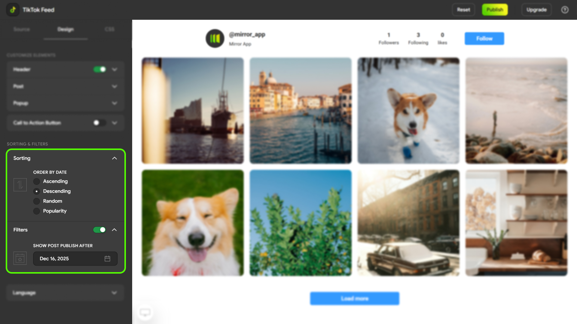 Feed layout and design settings
