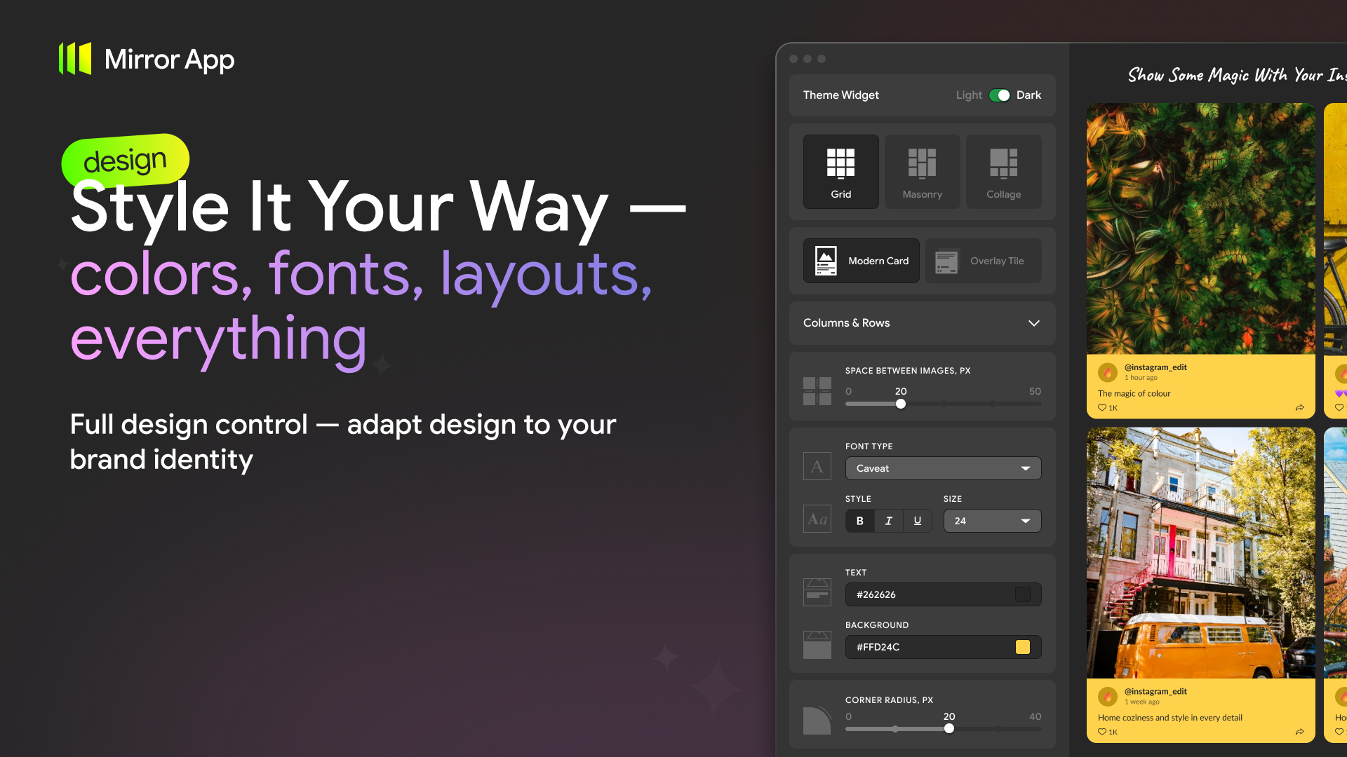 Mirror App dashboard – widget customization