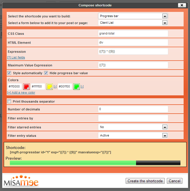 Providing that you’ve filled the minimum required settings, you’ll get the shortcode and a preview in real time (clicking on “Create the shortcode” will add the shortcode to the editor, of course).