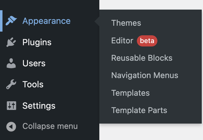 Missing menu items are added under the appearance menu.