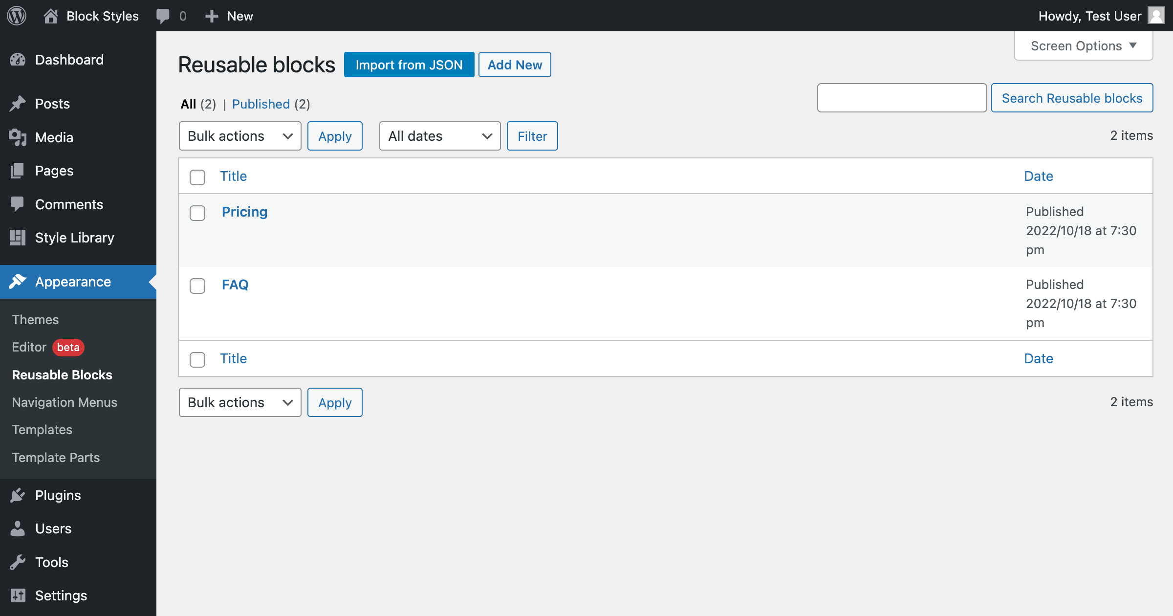 Reusable blocks are accessible right from your WordPress admin area.