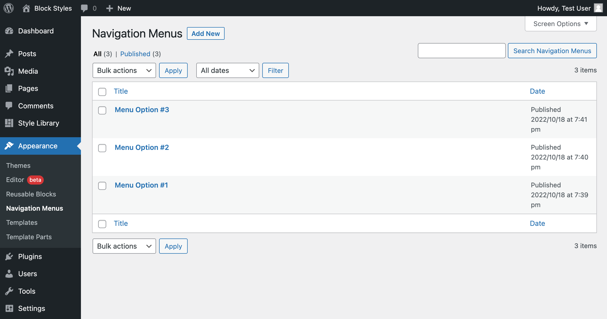 Navigation menus can be created from the WordPress admin area.