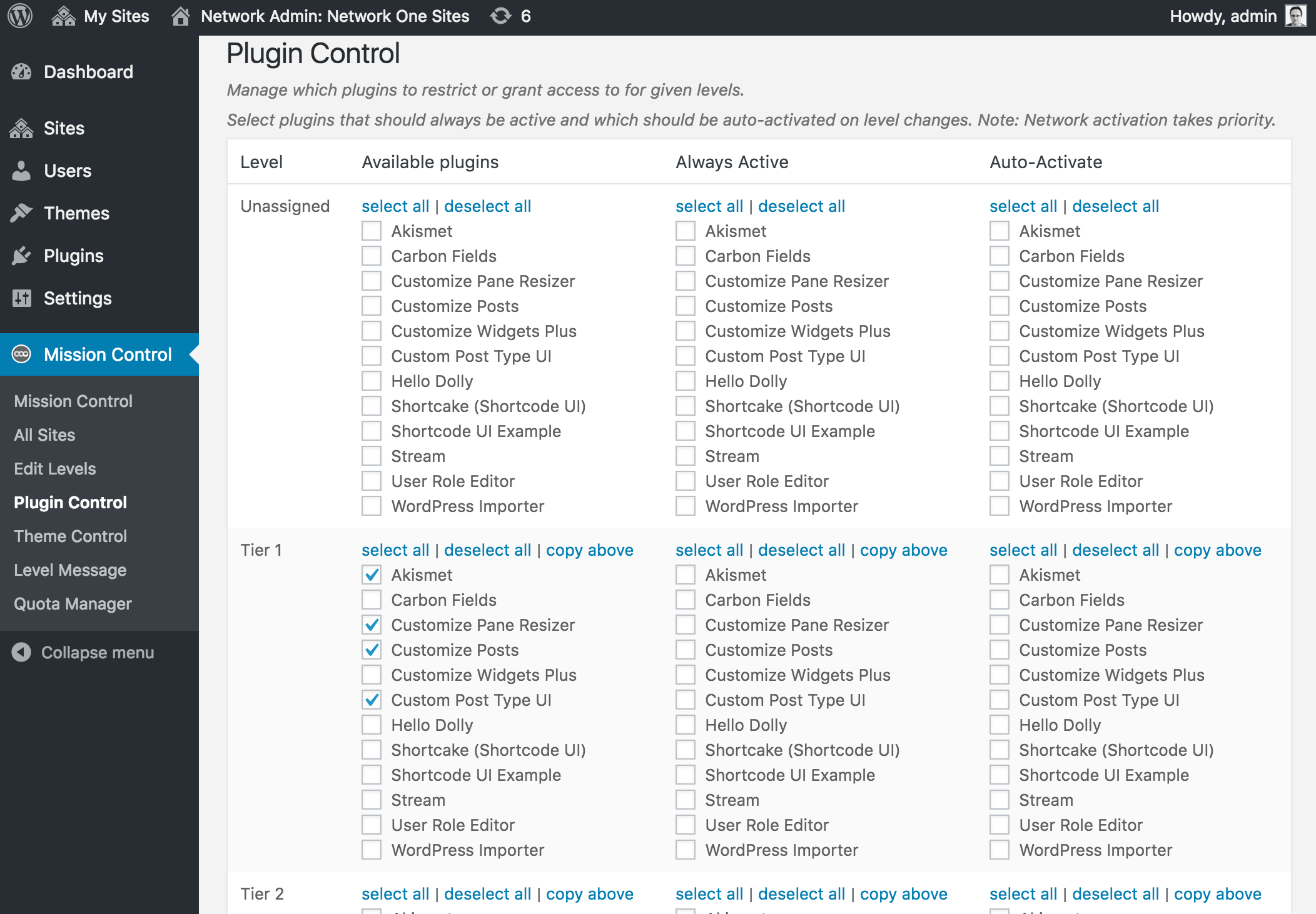 Plugin Control: Plugin settings for each level.