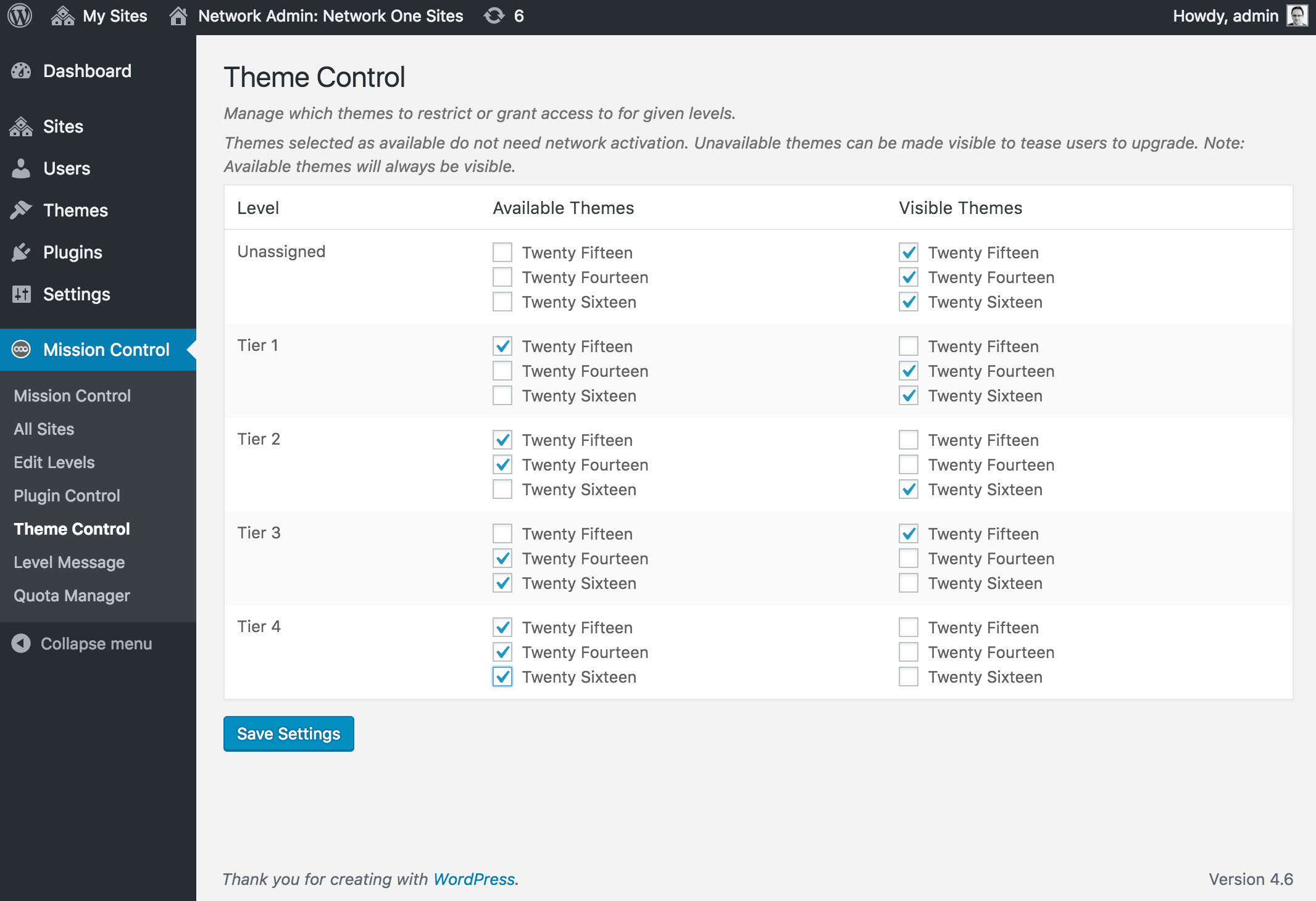 Theme Control: Theme settings for each level.