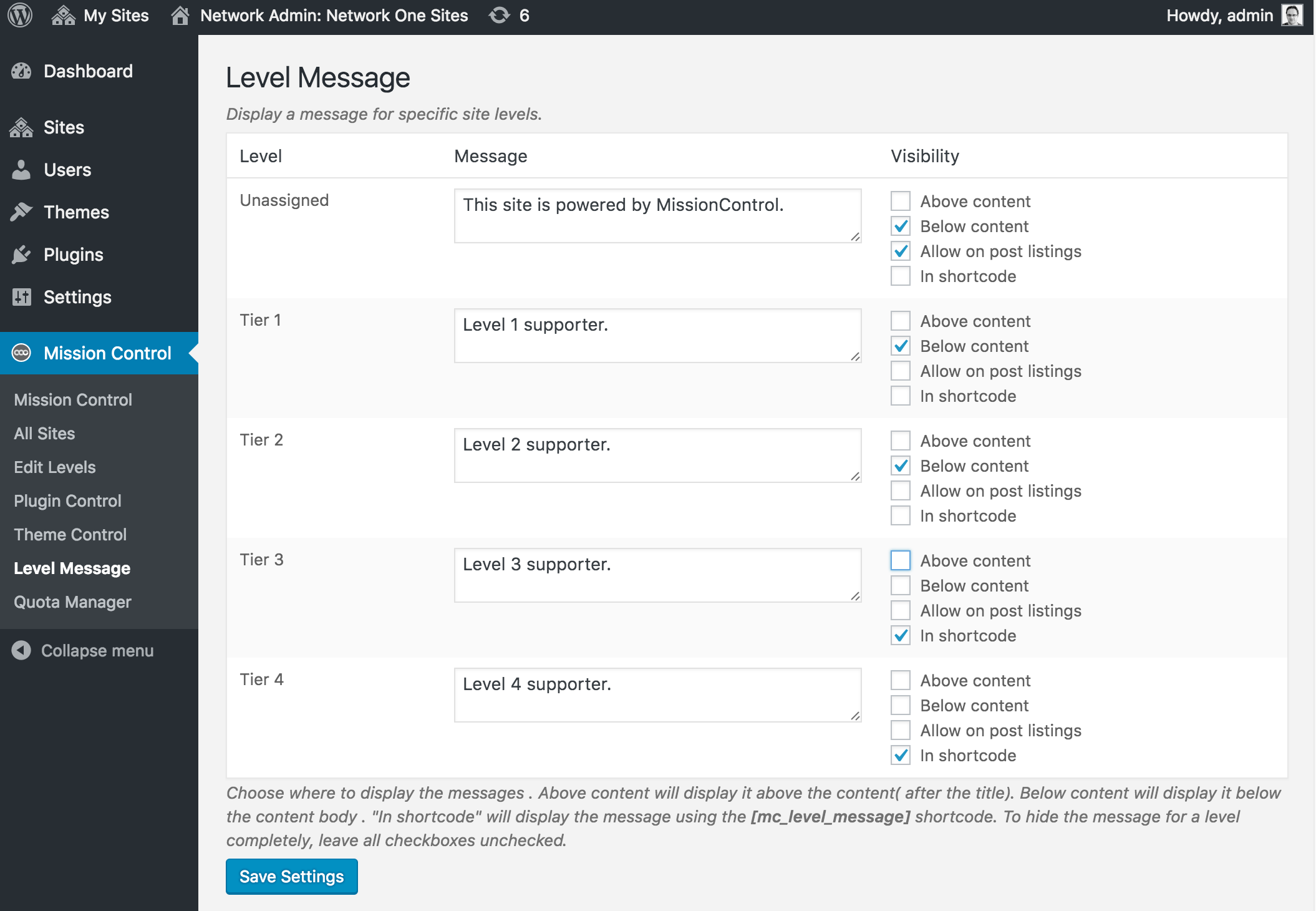 Level Message: Set a message for each site level.