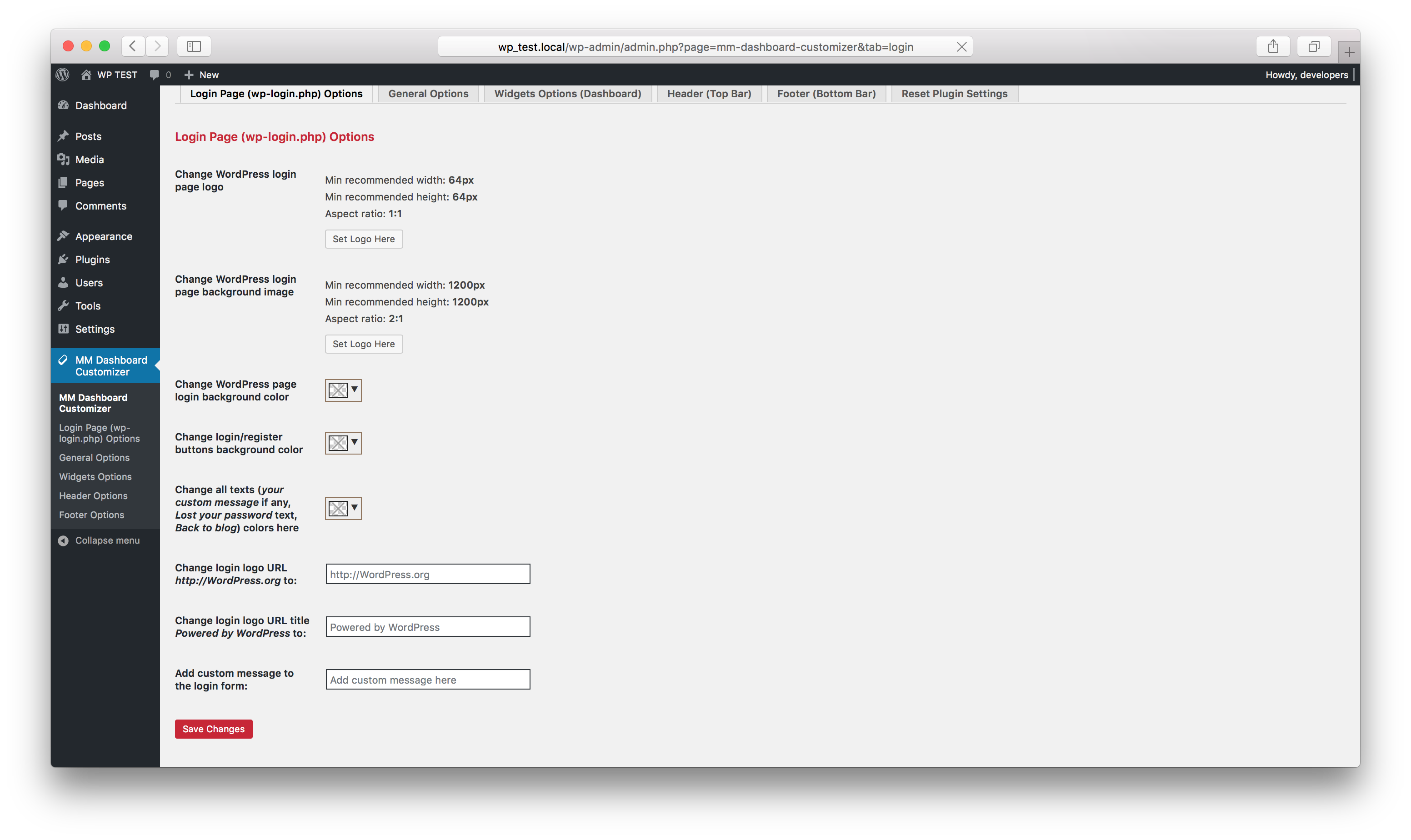 Plugin login page options