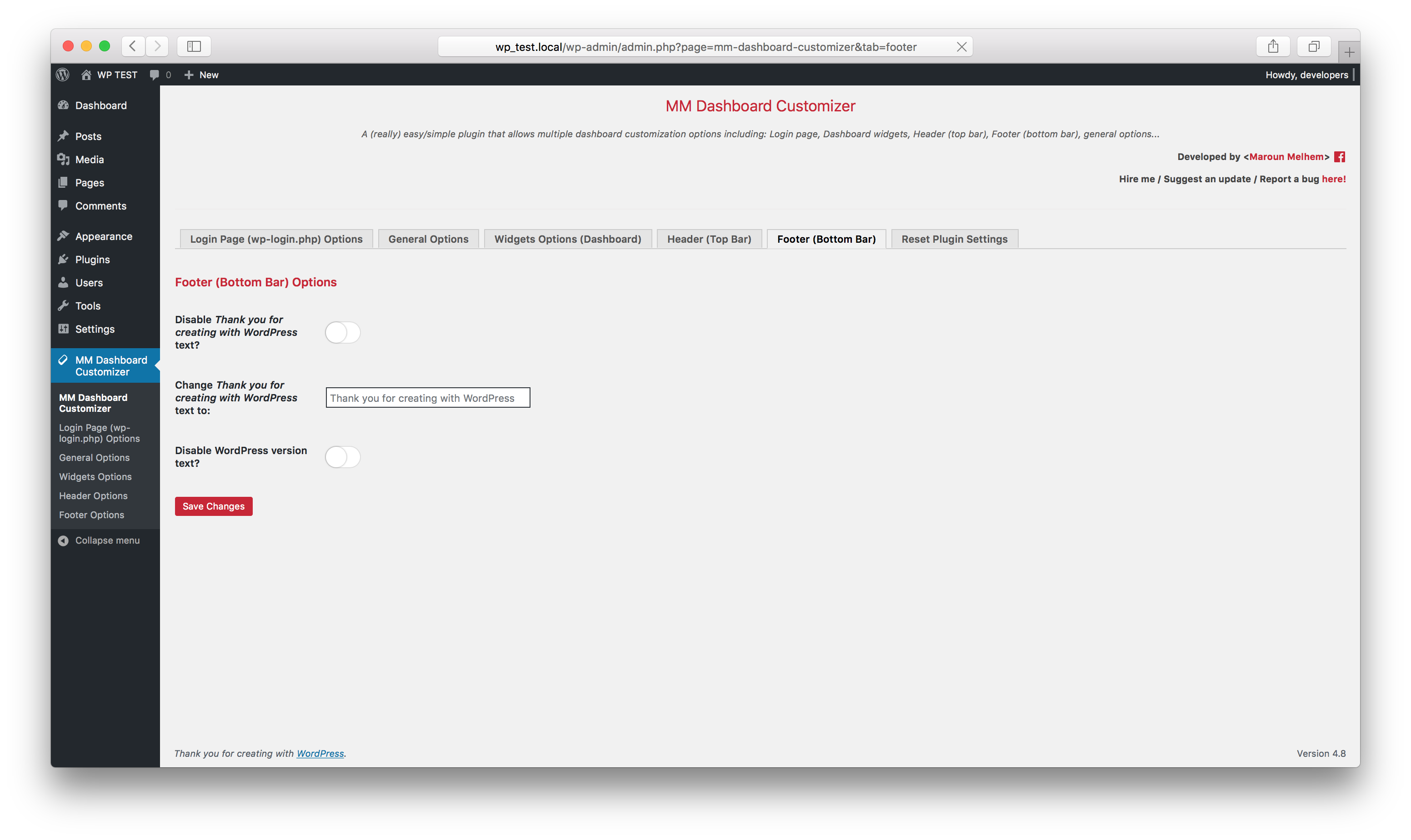 Plugin footer (Bottom Bar) options