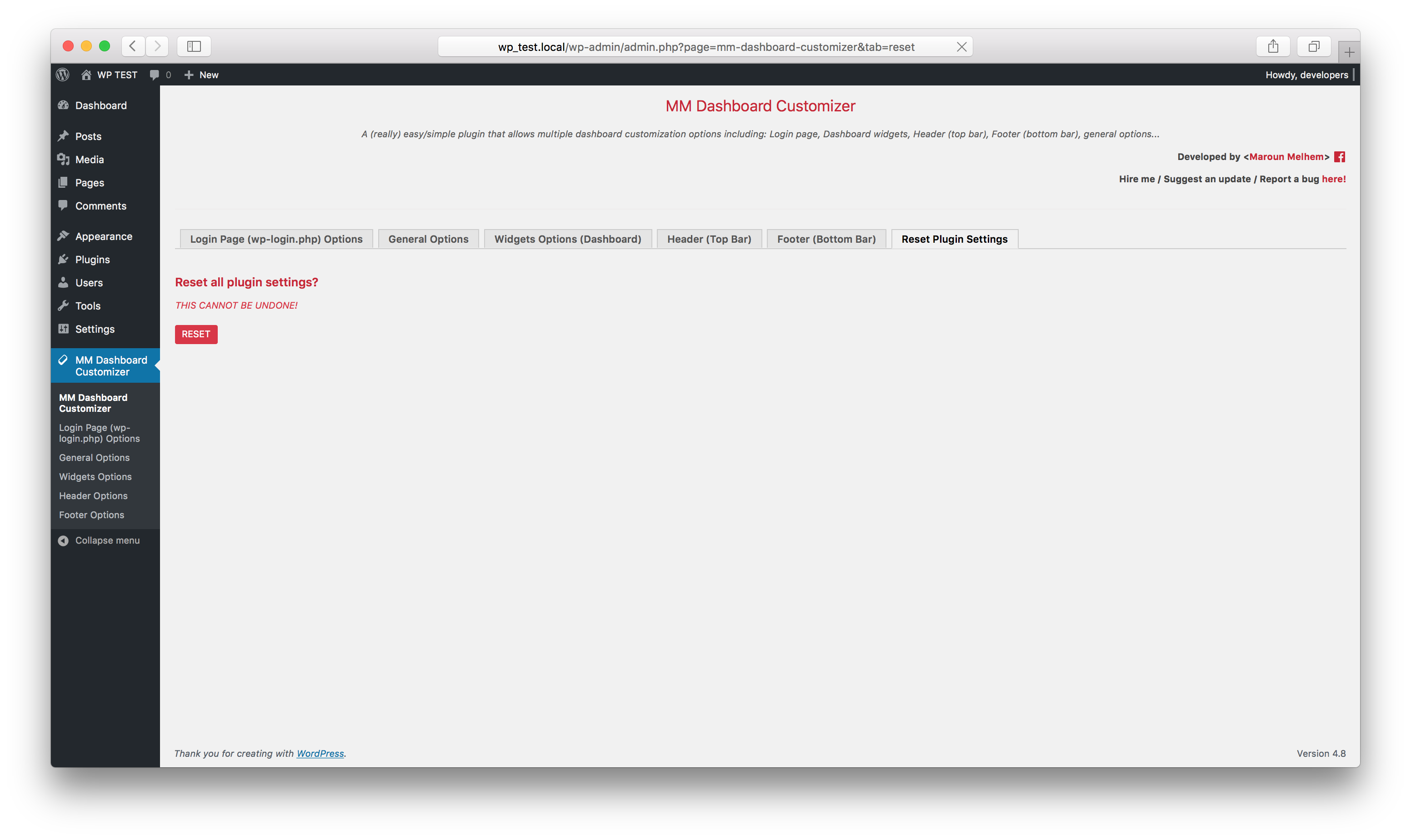Plugin reset settings options