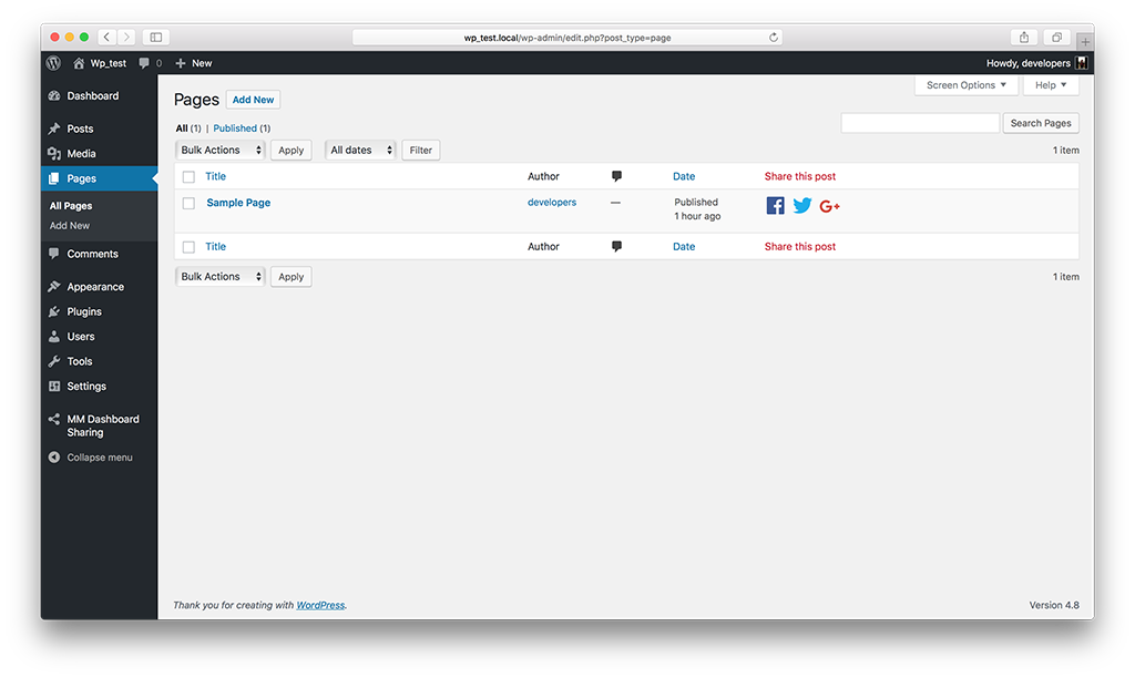 The sharing links displayed in pages