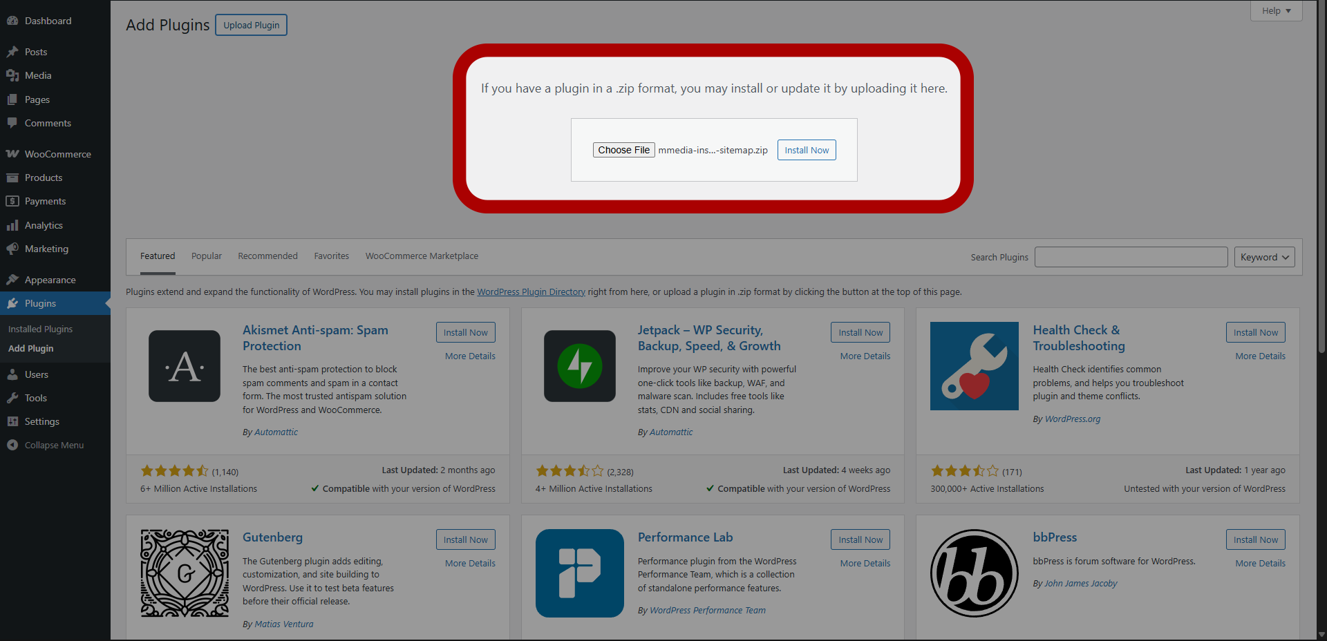 Select “mmedia-instant-sitemap.zip” and click **Install Now**.