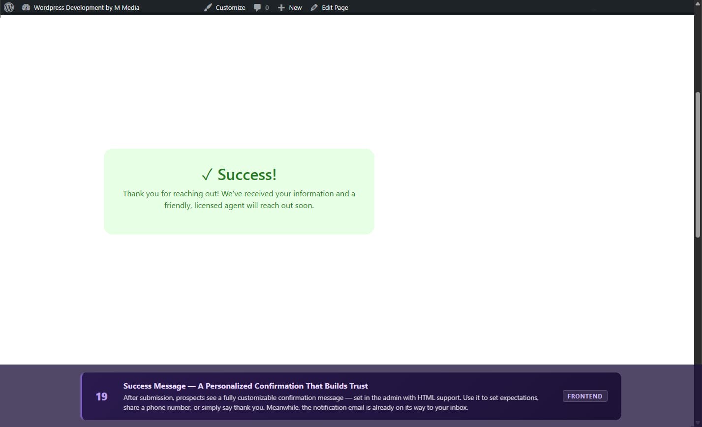 Submissions Dashboard — all leads stored as WordPress posts with sortable columns, date, and search