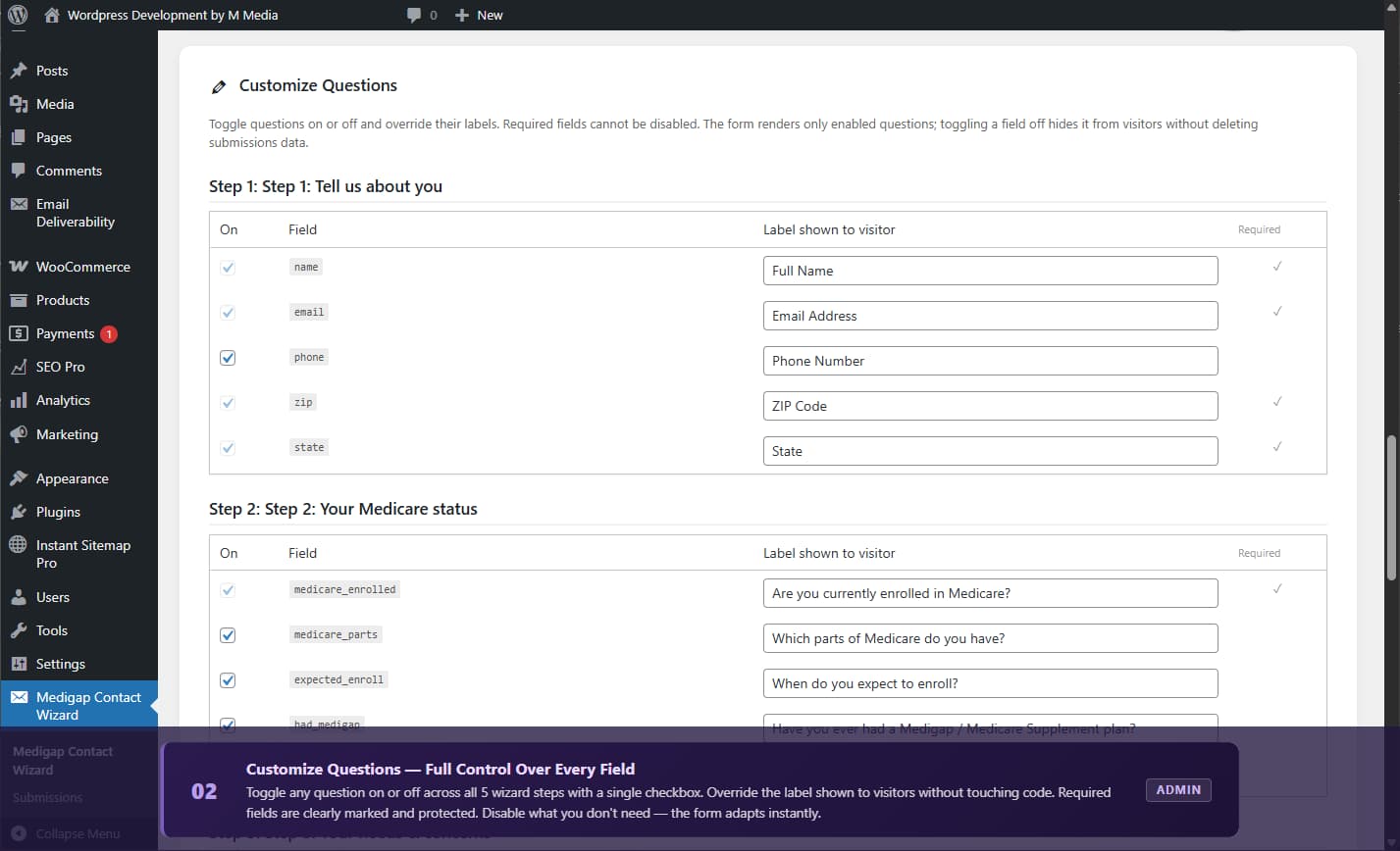 Submission Detail — complete prospect record: contact info, Medicare status, health details, and file attachment