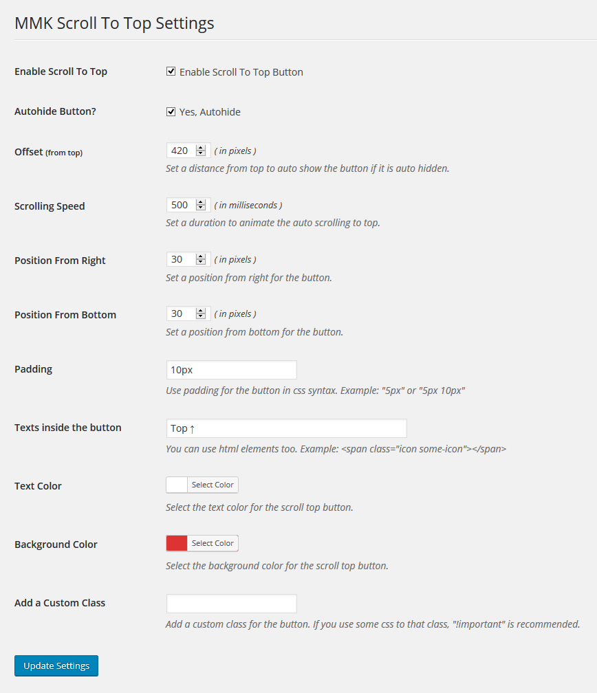 Settings page with options to customize this plugin.