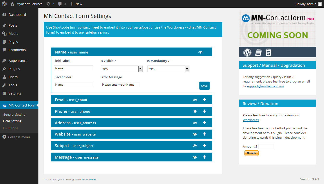 MN Contact form field settings in WordPress admin panel.
