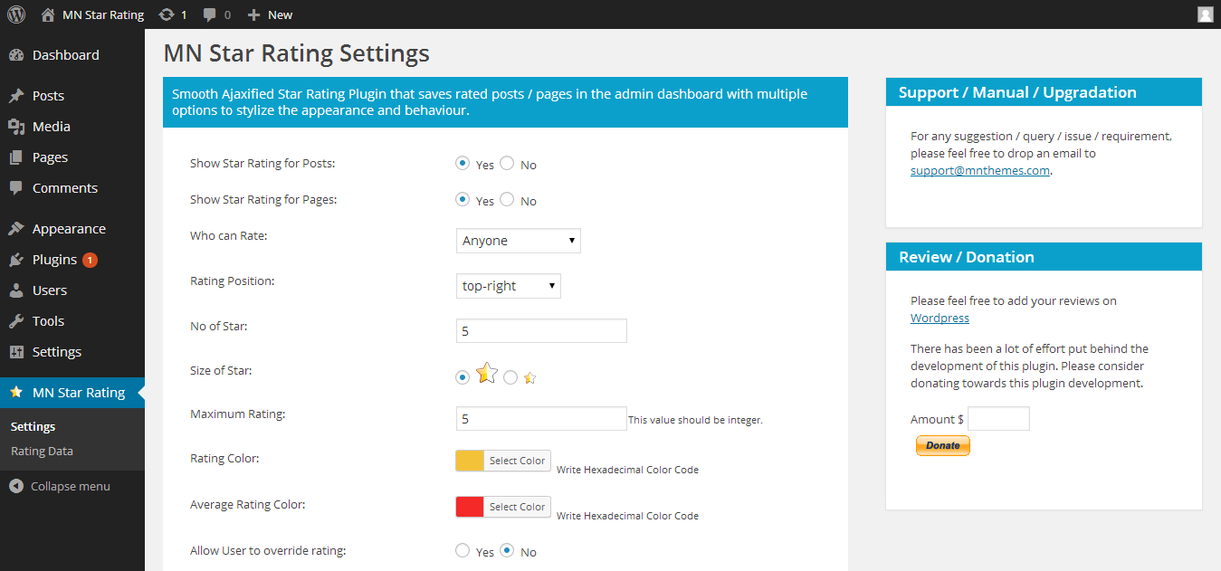 MN Star Rating Admin Settings.