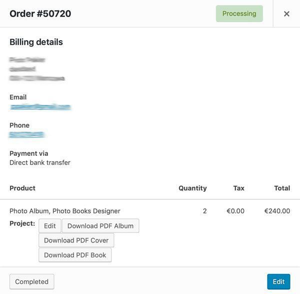 Customer project in WooCommerce order