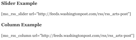 Example of both the RSS feed slider and RSS feed column shortcodes.