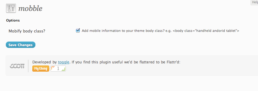 mobble settings screen for enabling/disabling the body class.