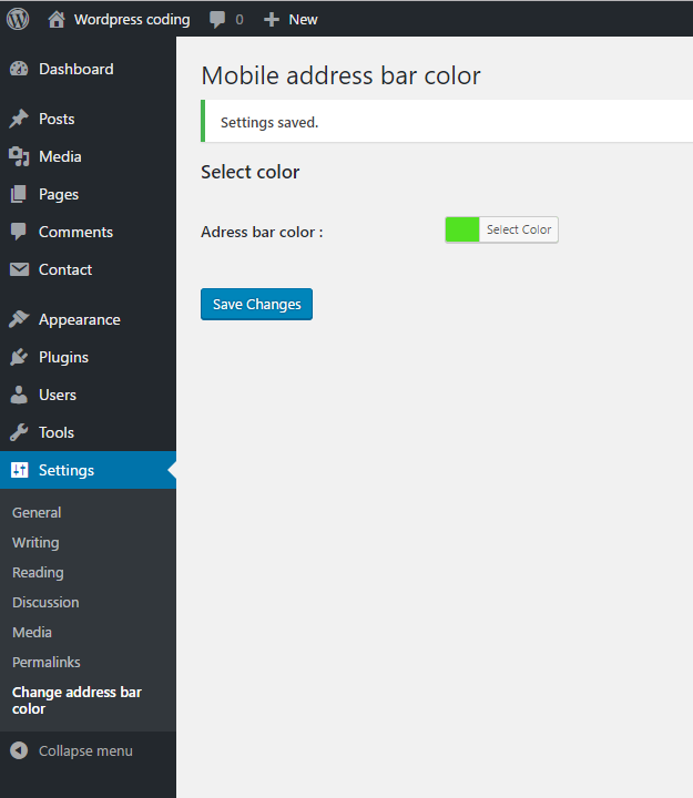 Screenshot of the Settings page where you choose the color