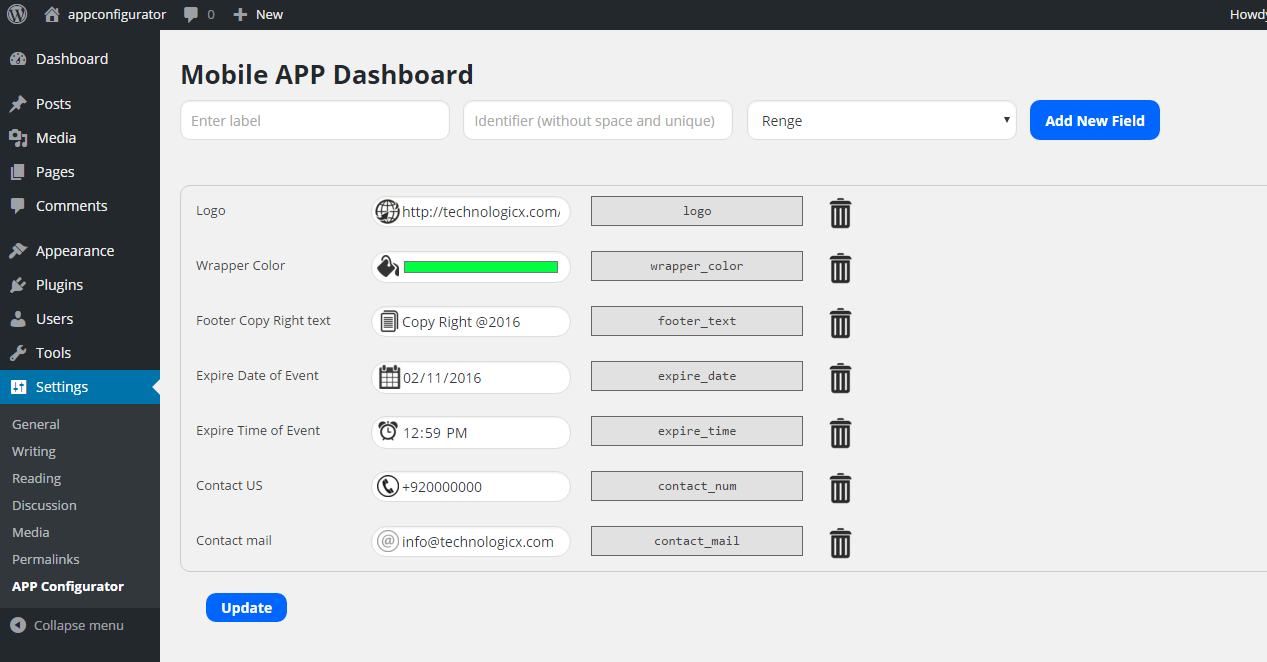 This picture shows that different fields with different type of data for your mobile app so you can define even your app layout in this plugin.