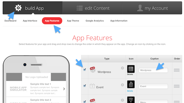 Setting up the app by selecting the Wordpress feature and dragging it to a desired position.