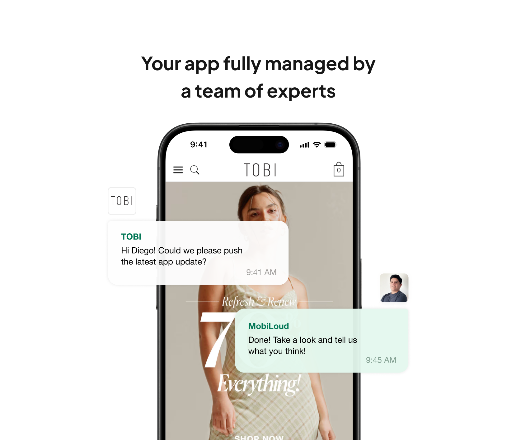 **Fully managed mobile apps** - Our team handles everything related to your app, from setup, to launch, and any ongoing optimizations.