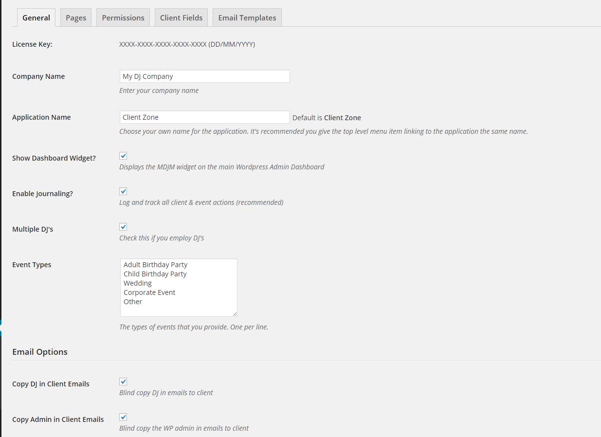 A view of the settings page (not seen by non-admins)
