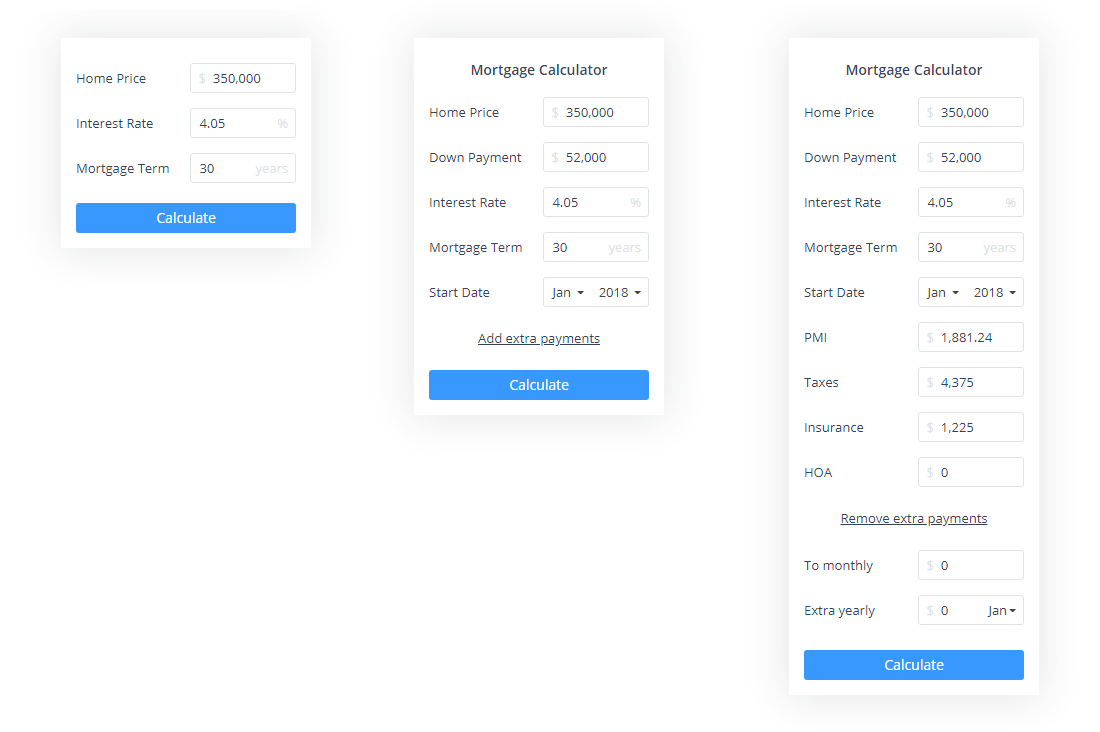 You can add additional fields like HOA, PMI and extra payments. These fields are disabled by default.