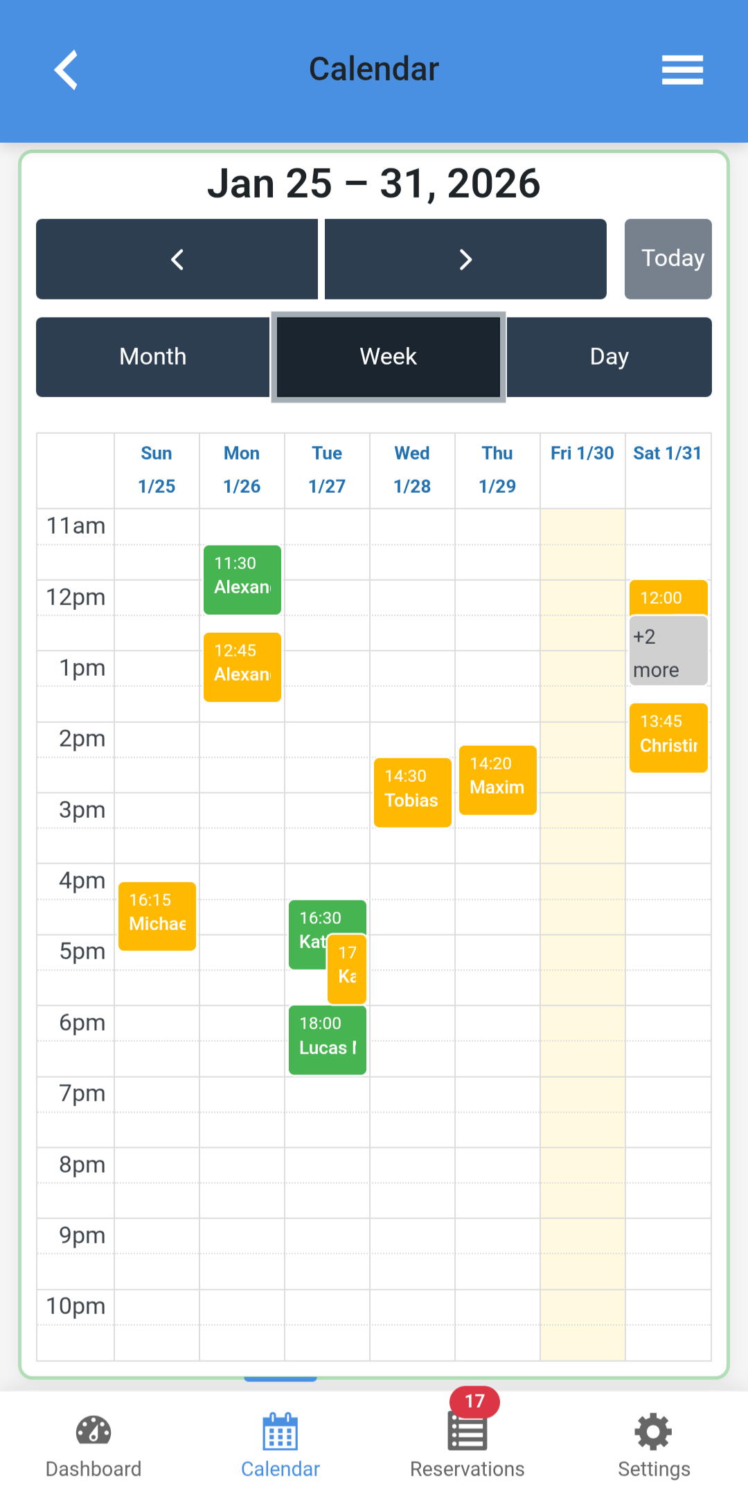 The calendar view with visual reservation overview.