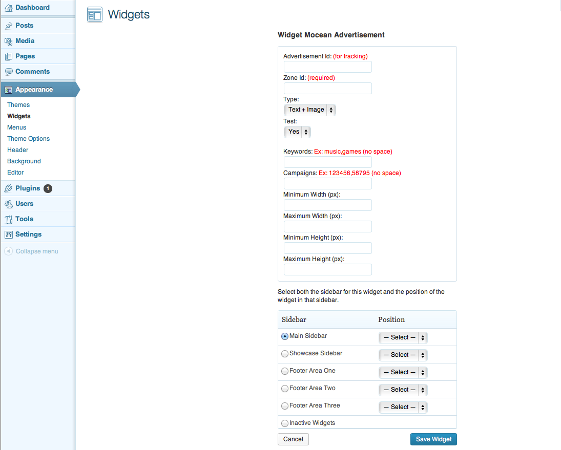 Adding a Mocean Advertisement widget