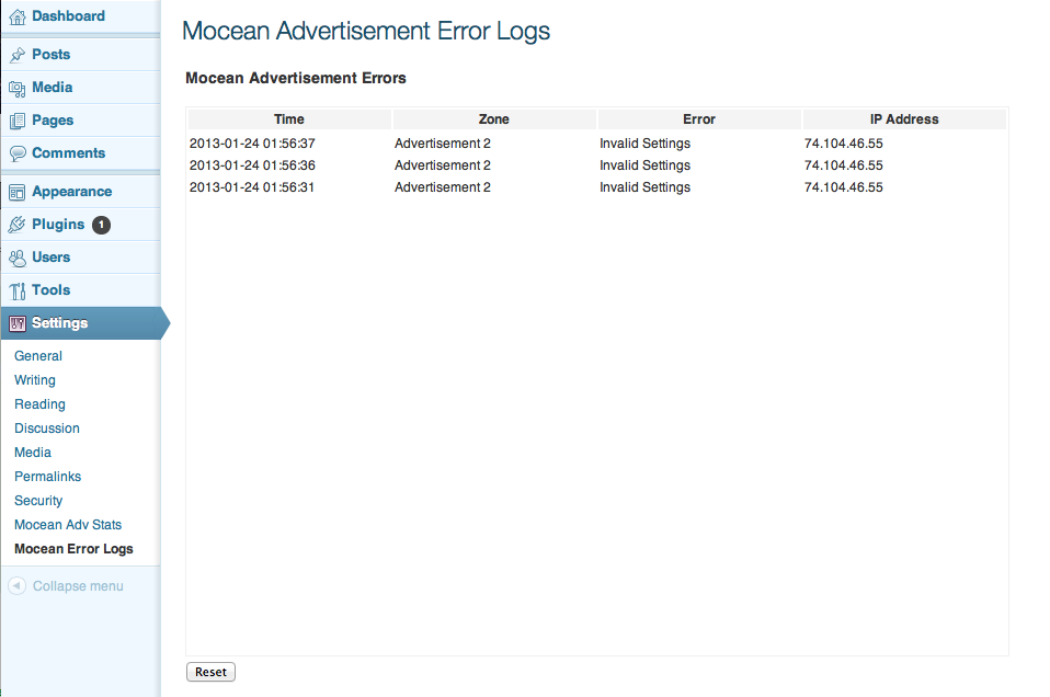 Mocean Error logs page