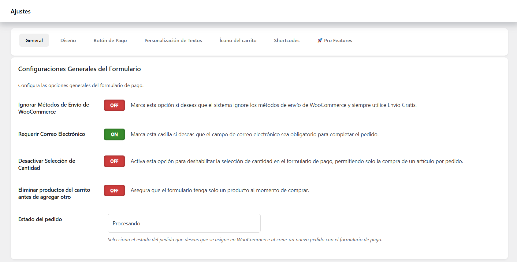 Sección de ajustes de diseño del botón
